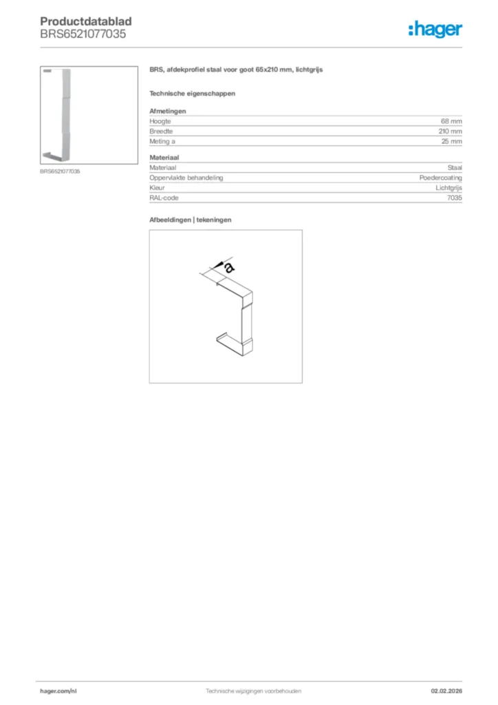 Afbeelding Hager Productdatablad BRS6521077035 | Hager Nederland