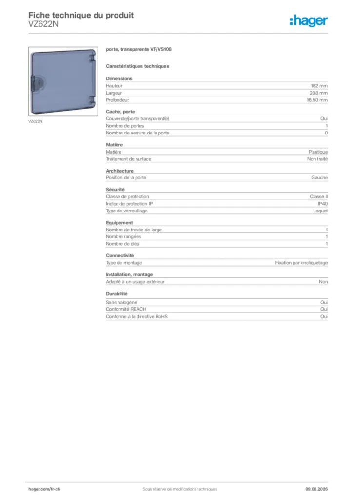 Image Hager Fiche technique du produit VZ622N | Hager Suisse