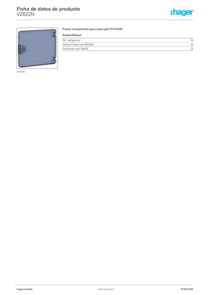 Imagen Hager Ficha de datos de producto VZ622N | Hager España