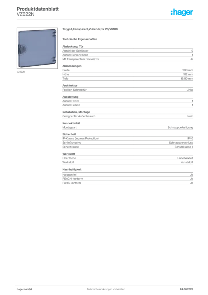 Bild Hager Produktdatenblatt VZ622N | Hager Deutschland