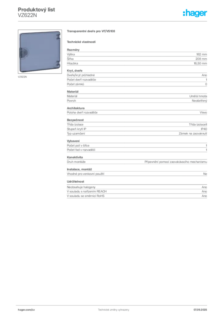 Obrázek Hager Produktový list VZ622N | Hager