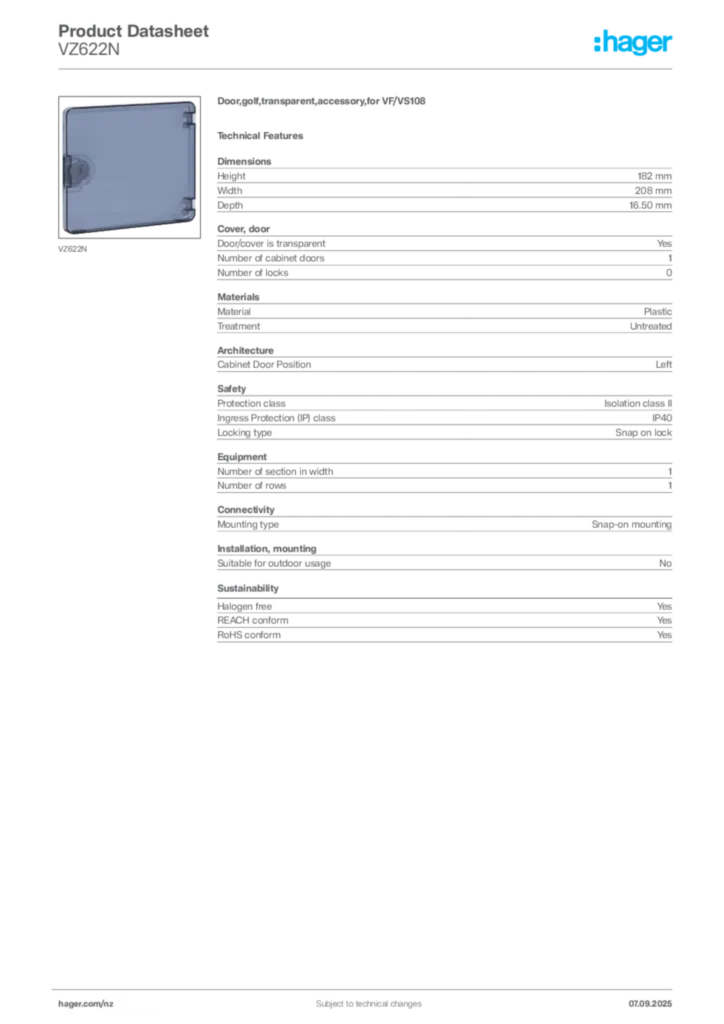 Image Hager Product data sheet VZ622N  | Hager New Zealand