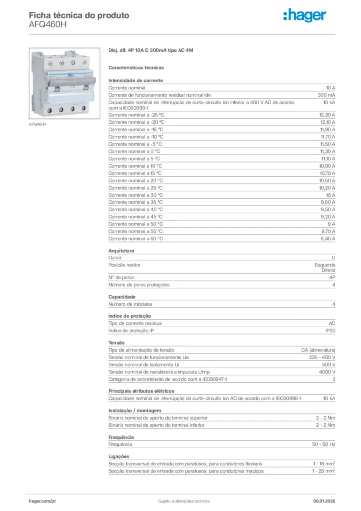 Imagem Hager Ficha técnica do produto AFQ460H | Hager Portugal