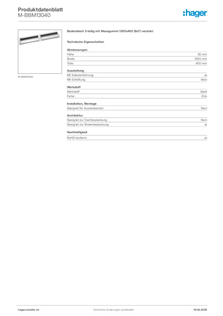 Bild Hager Produktdatenblatt M-BBM13040 | Hager Schweiz