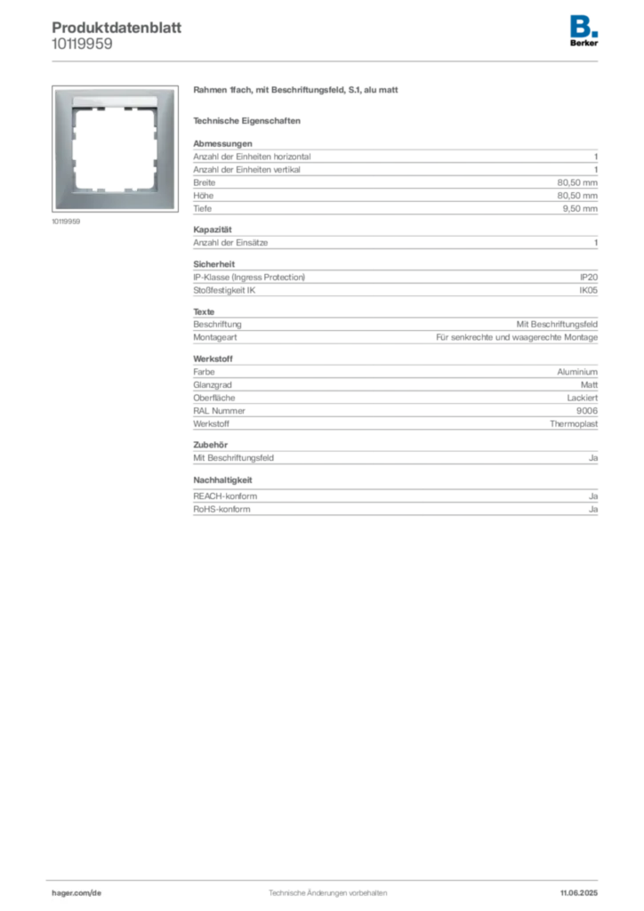 Bild Berker Produktdatenblatt 10119959 | Hager Deutschland