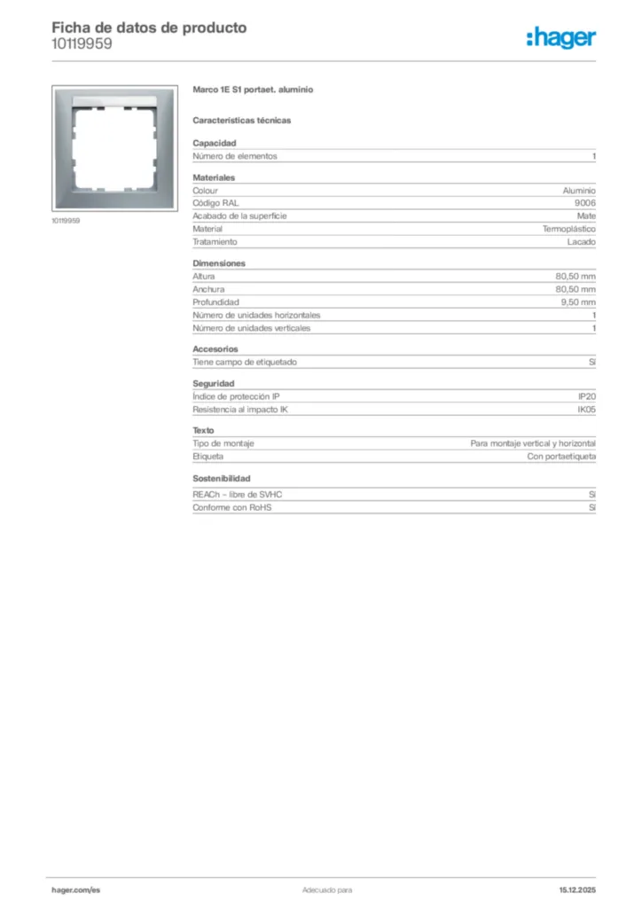 Imagen Hager Ficha de datos de producto 10119959 | Hager España