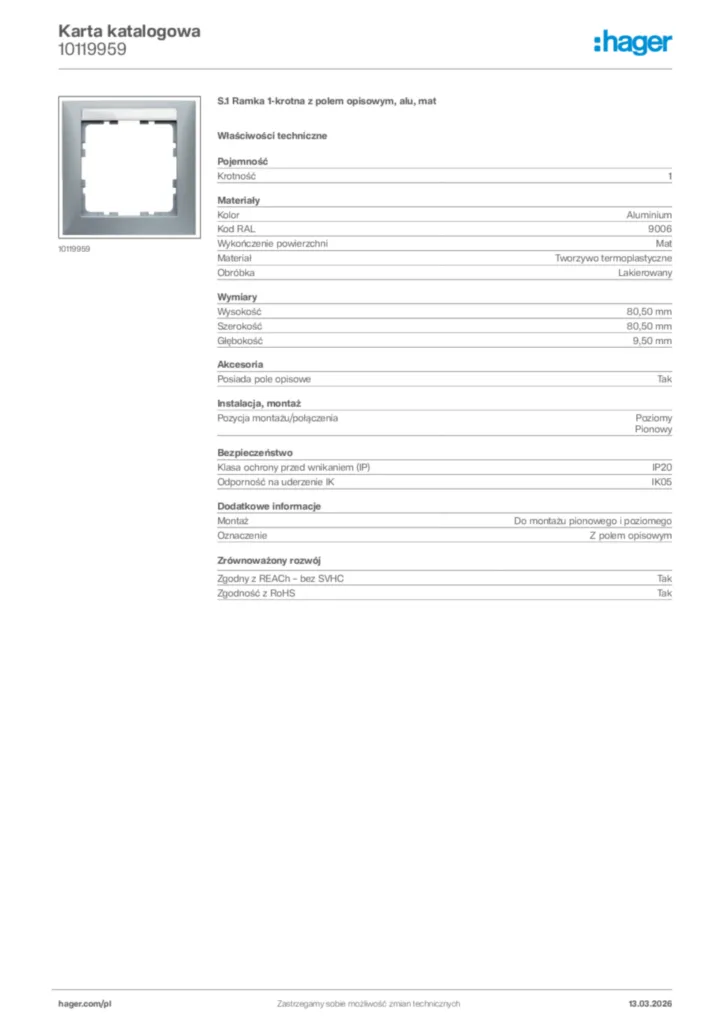 Zdjęcie Hager Karta katalogowa 10119959 | Hager Polska