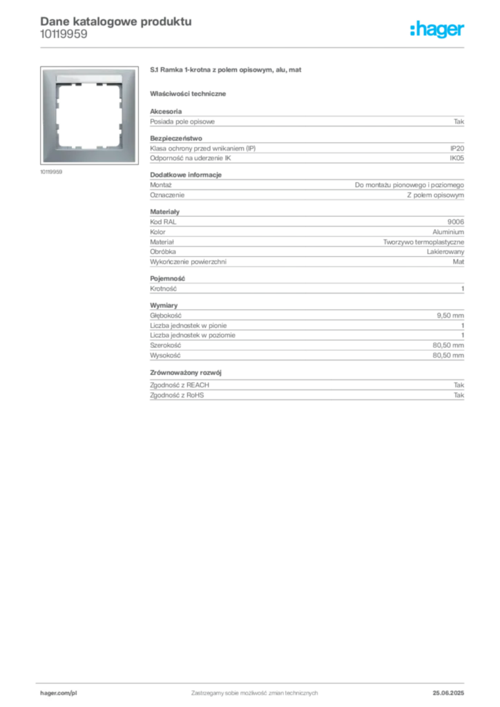 Zdjęcie Hager Karta katalogowa 10119959 | Hager Polska