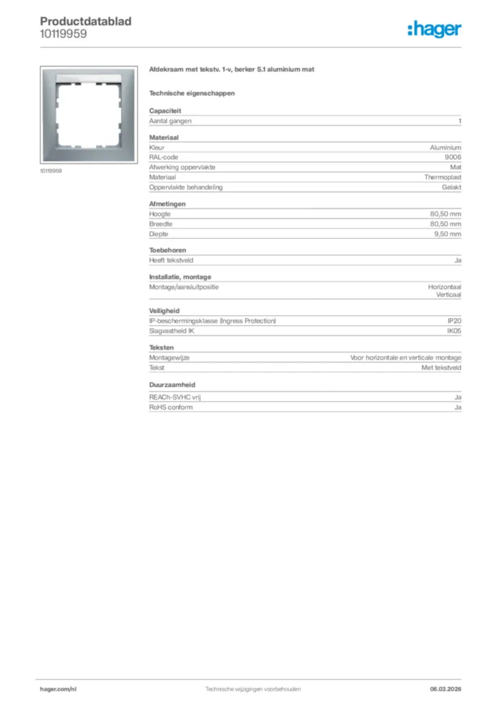 Afbeelding Hager Productdatablad 10119959 | Hager Nederland