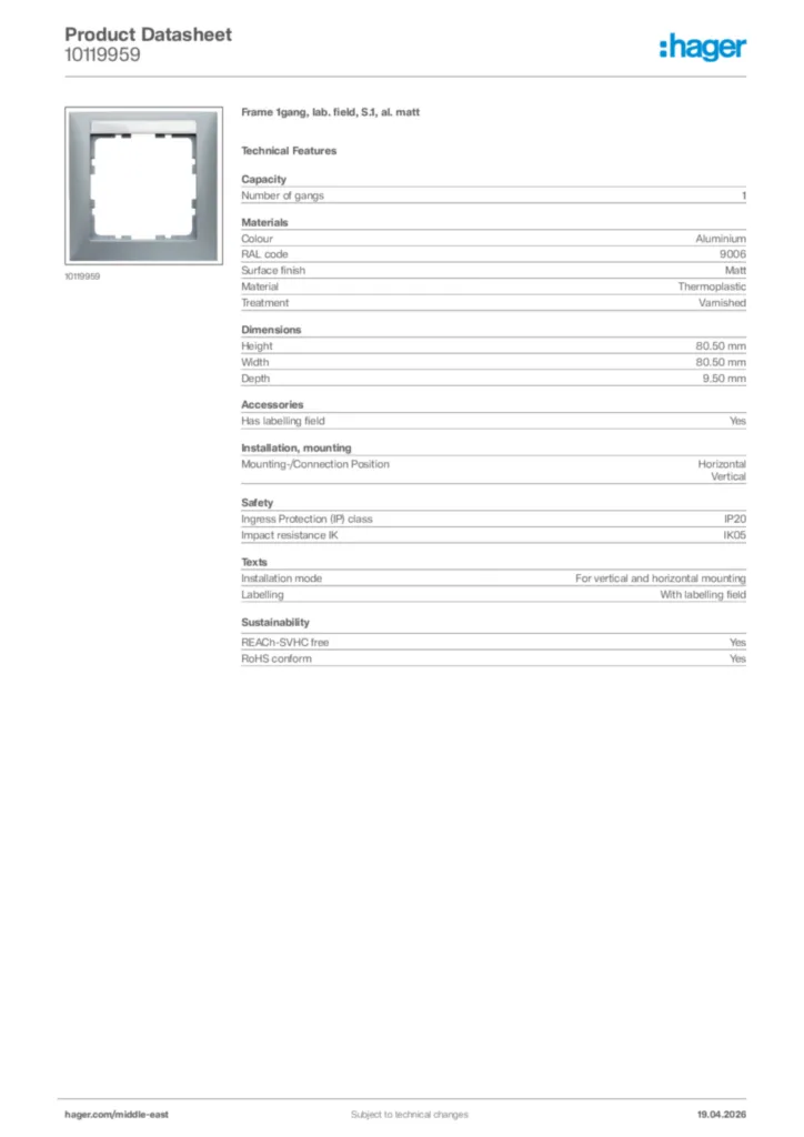 Image Hager Product data sheet 10119959  | Hager