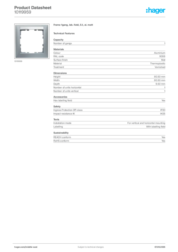 Image Hager Product data sheet 10119959  | Hager
