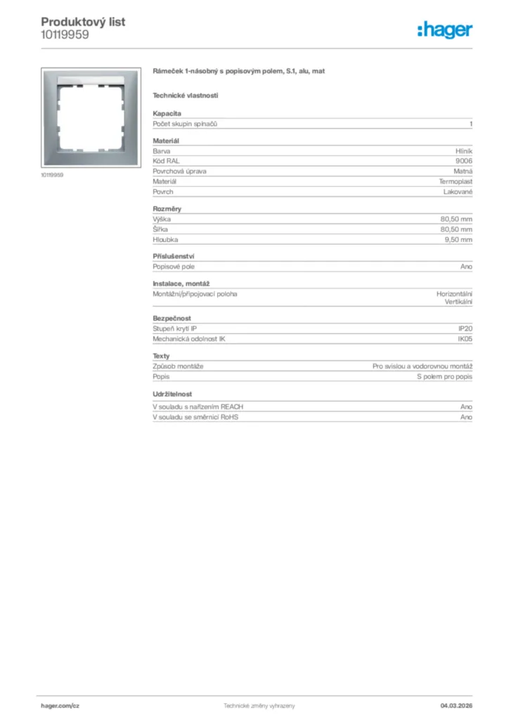 Obrázek Hager Product data sheet 10119959 | Hager