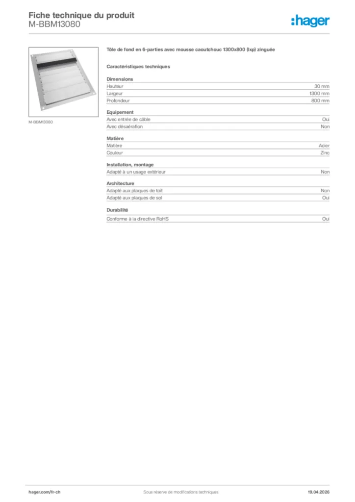 Image Hager Fiche technique du produit M-BBM13080 | Hager Suisse