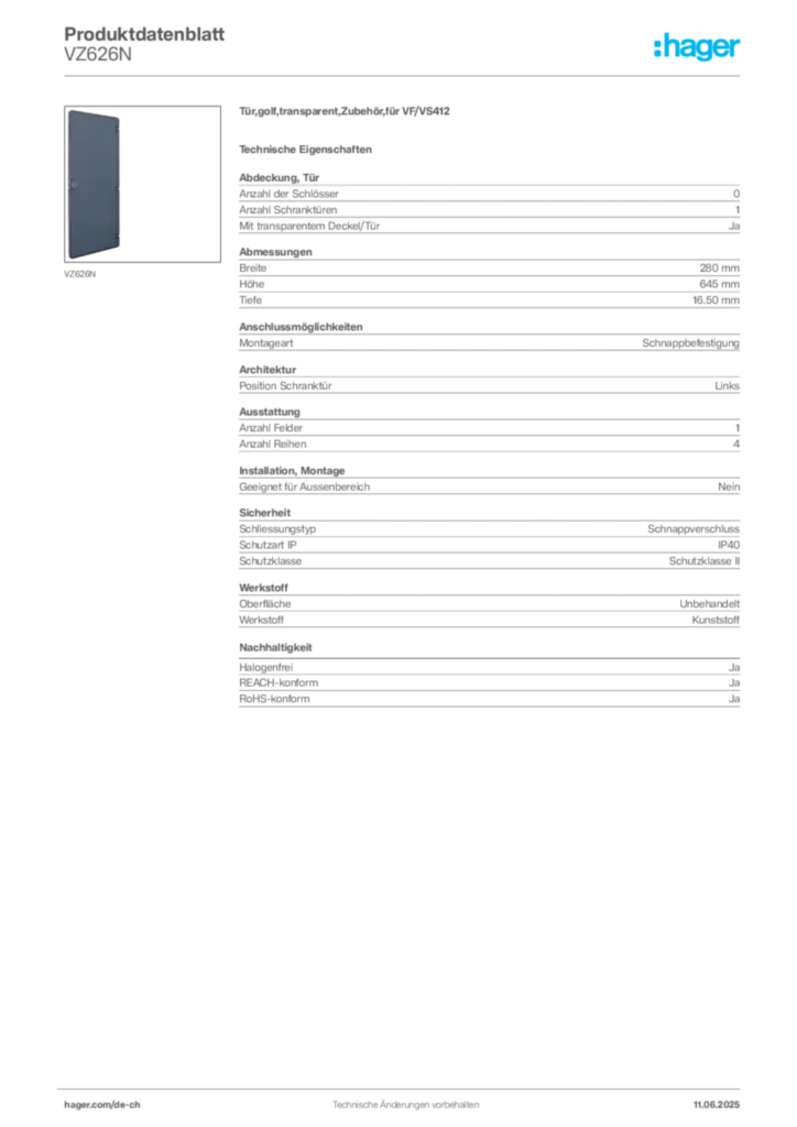 Bild Hager Produktdatenblatt VZ626N | Hager Schweiz