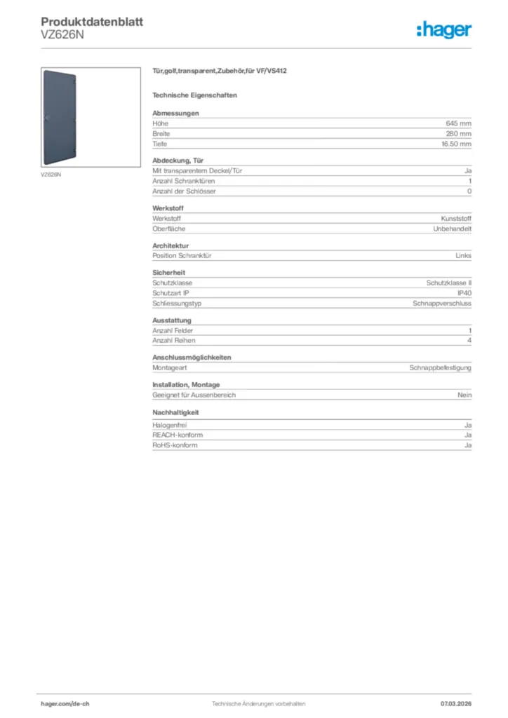 Bild Hager Produktdatenblatt VZ626N | Hager Schweiz