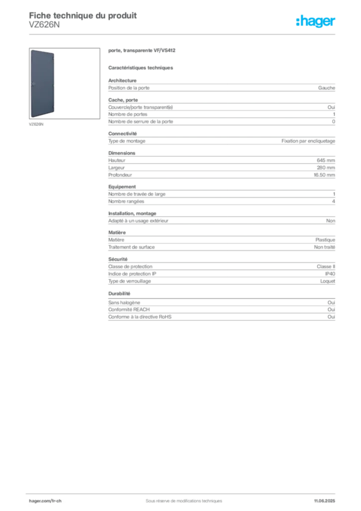 Image Hager Fiche technique du produit VZ626N | Hager Suisse