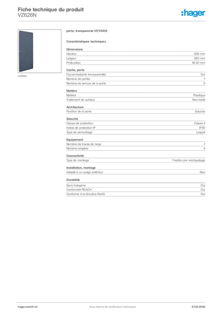 Image Hager Fiche technique du produit VZ626N | Hager Suisse