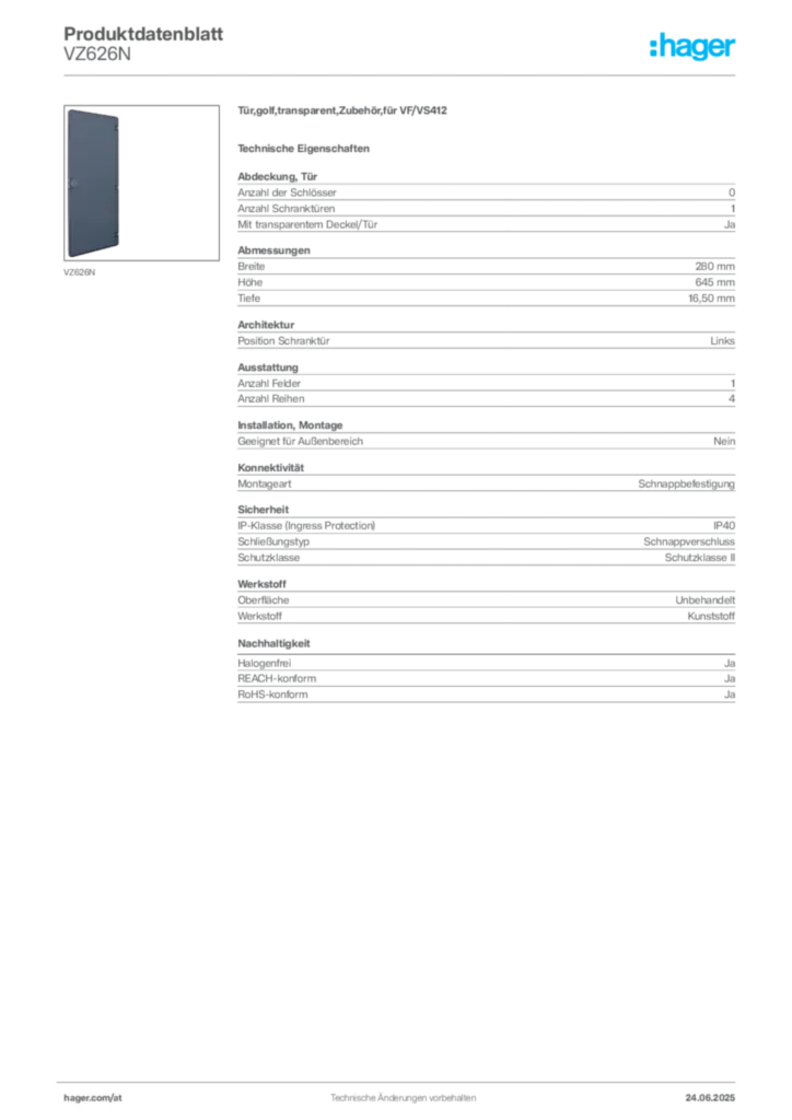 Bild Hager Produktdatenblatt VZ626N | Hager Deutschland