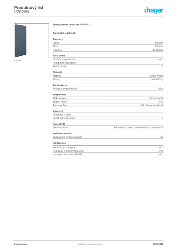 Obrázek Hager Produktový list VZ626N | Hager