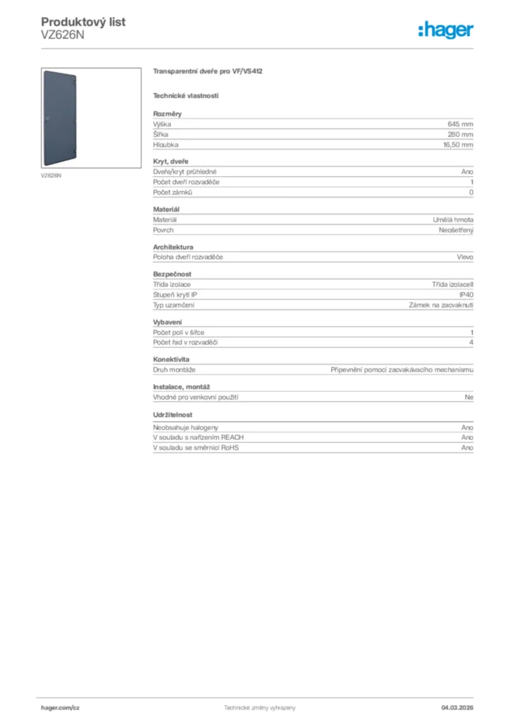 Obrázek Hager Product data sheet VZ626N | Hager