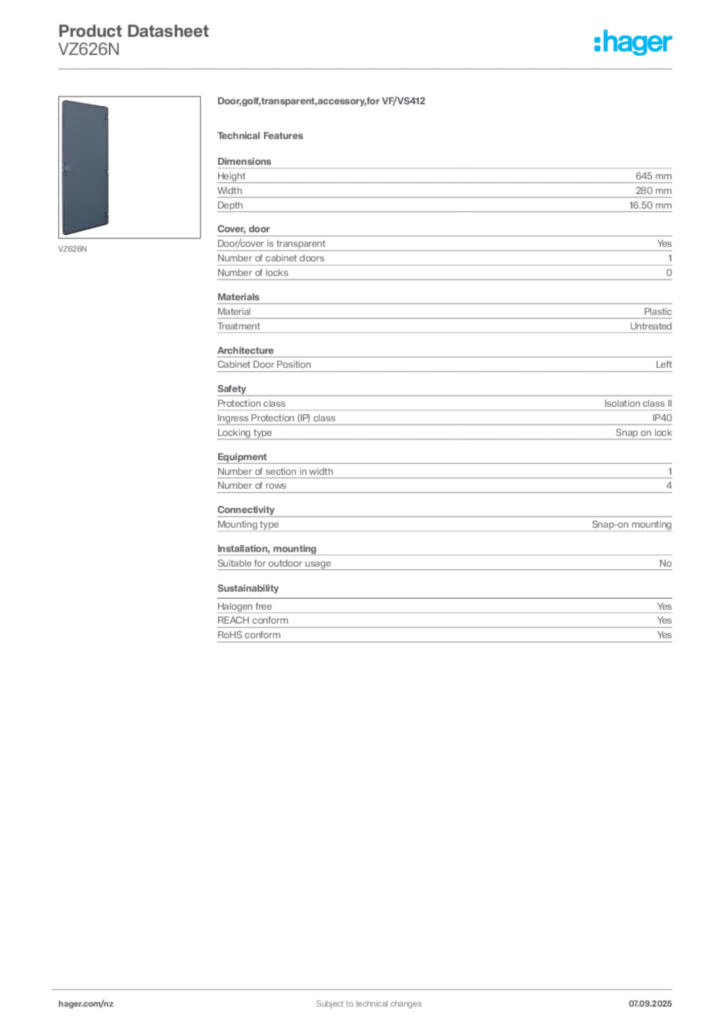 Image Hager Product data sheet VZ626N  | Hager New Zealand