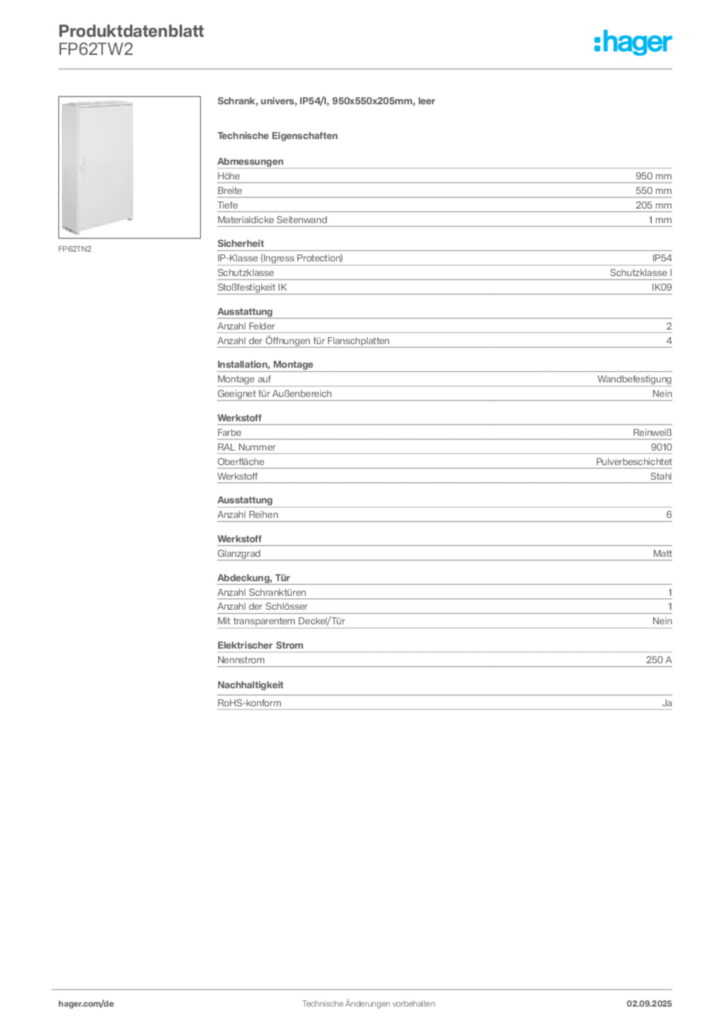 Bild Hager Produktdatenblatt FP62TW2 | Hager Deutschland