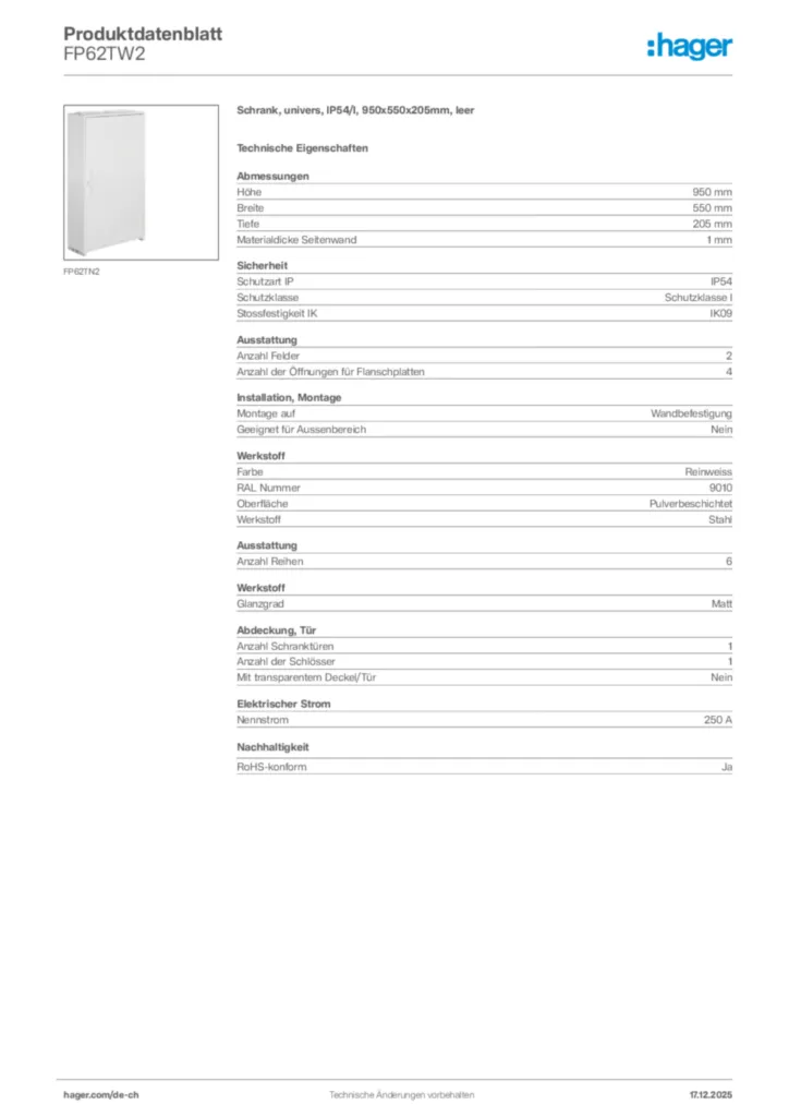 Bild Hager Produktdatenblatt FP62TW2 | Hager Schweiz
