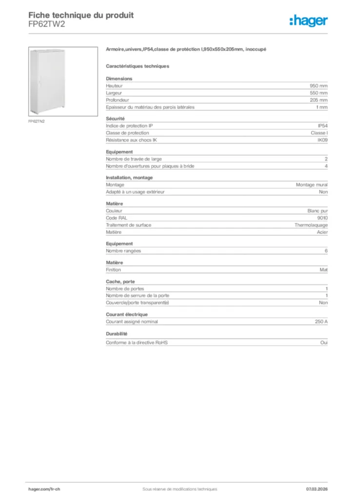 Image Hager Fiche technique du produit FP62TW2 | Hager Suisse