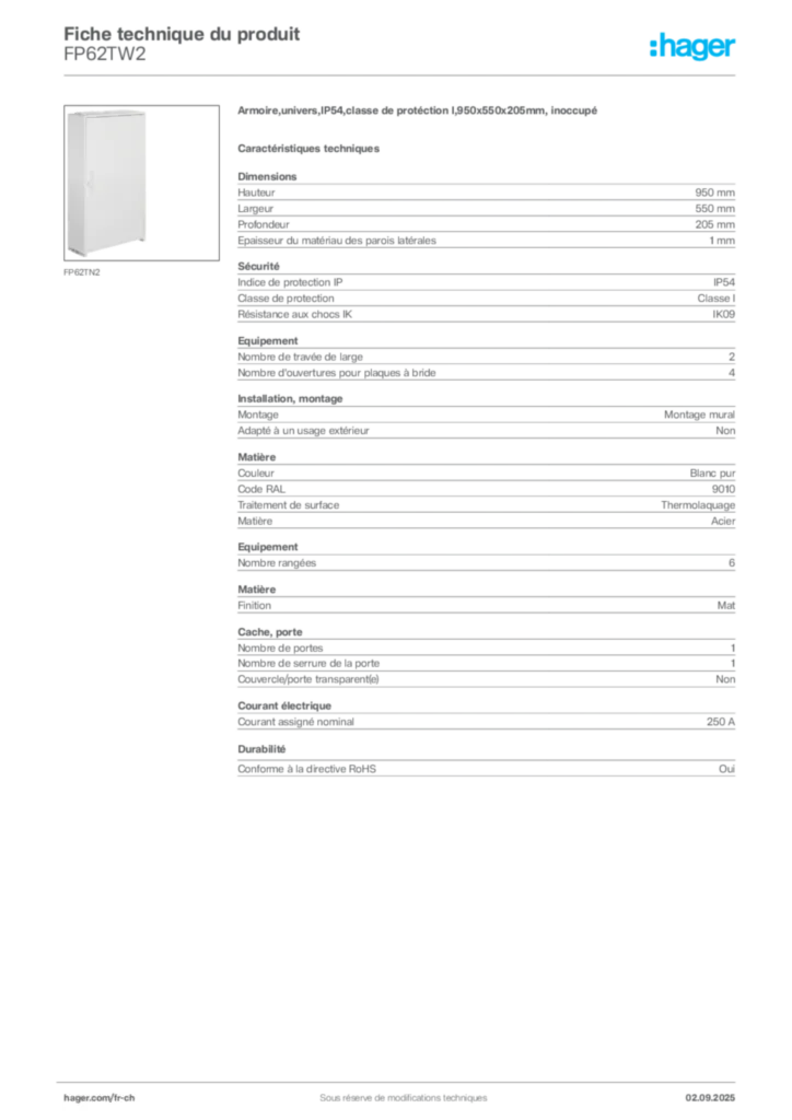 Image Hager Fiche technique du produit FP62TW2 | Hager Suisse