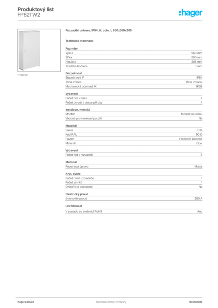 Obrázek Hager Produktový list FP62TW2 | Hager