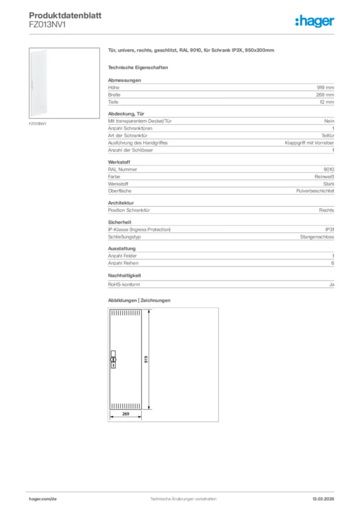 Bild Hager Produktdatenblatt FZ013NV1 | Hager Deutschland