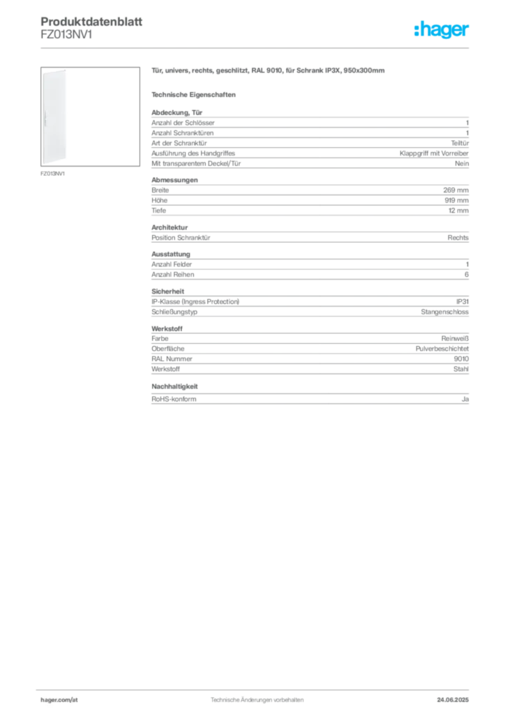 Bild Hager Produktdatenblatt FZ013NV1 | Hager Deutschland