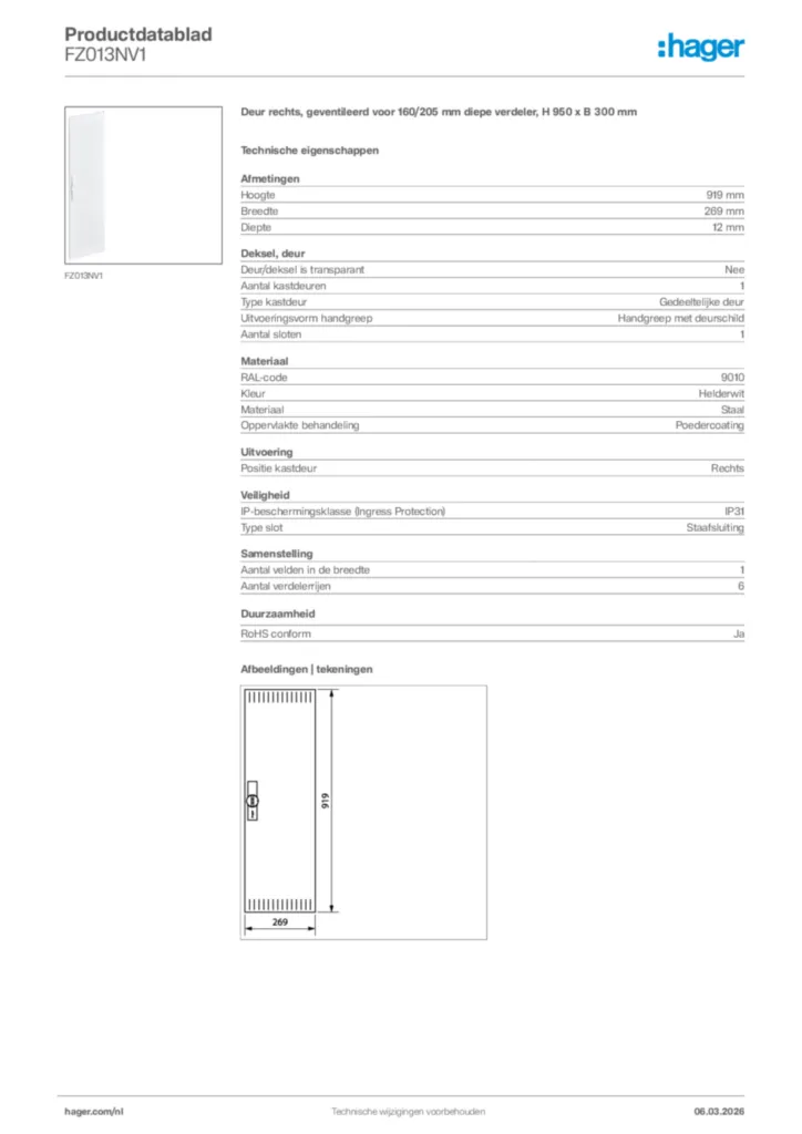 Afbeelding Hager Productdatablad FZ013NV1 | Hager Nederland