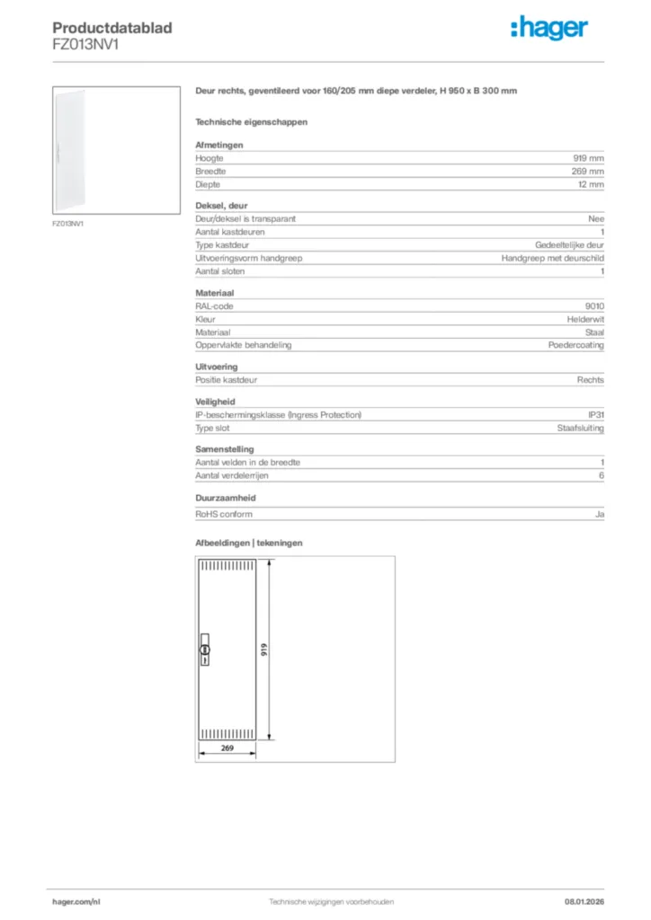 Afbeelding Hager Productdatablad FZ013NV1 | Hager Nederland