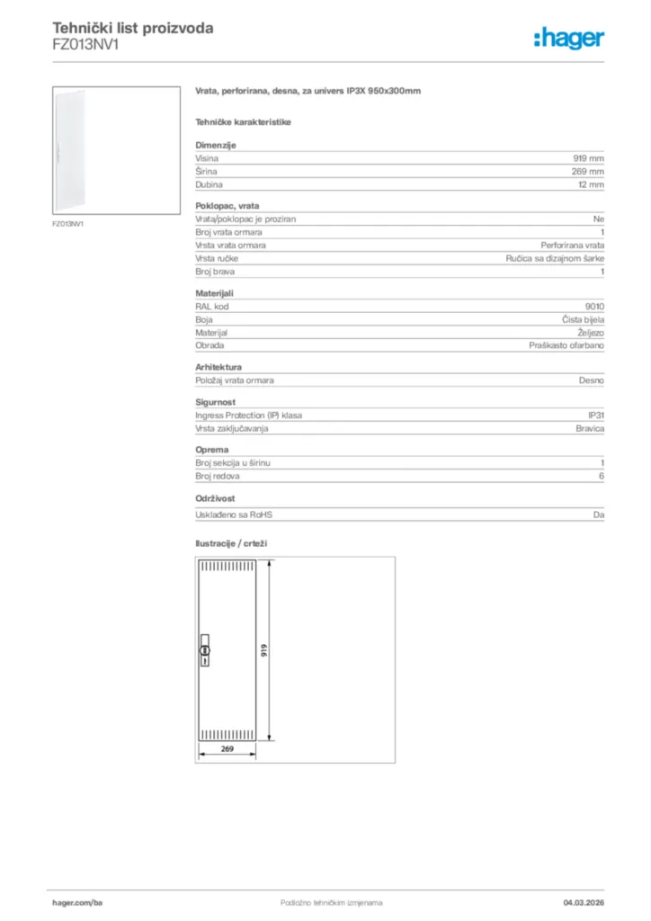 Slika Hager Tehnički list proizvoda FZ013NV1  | Hager