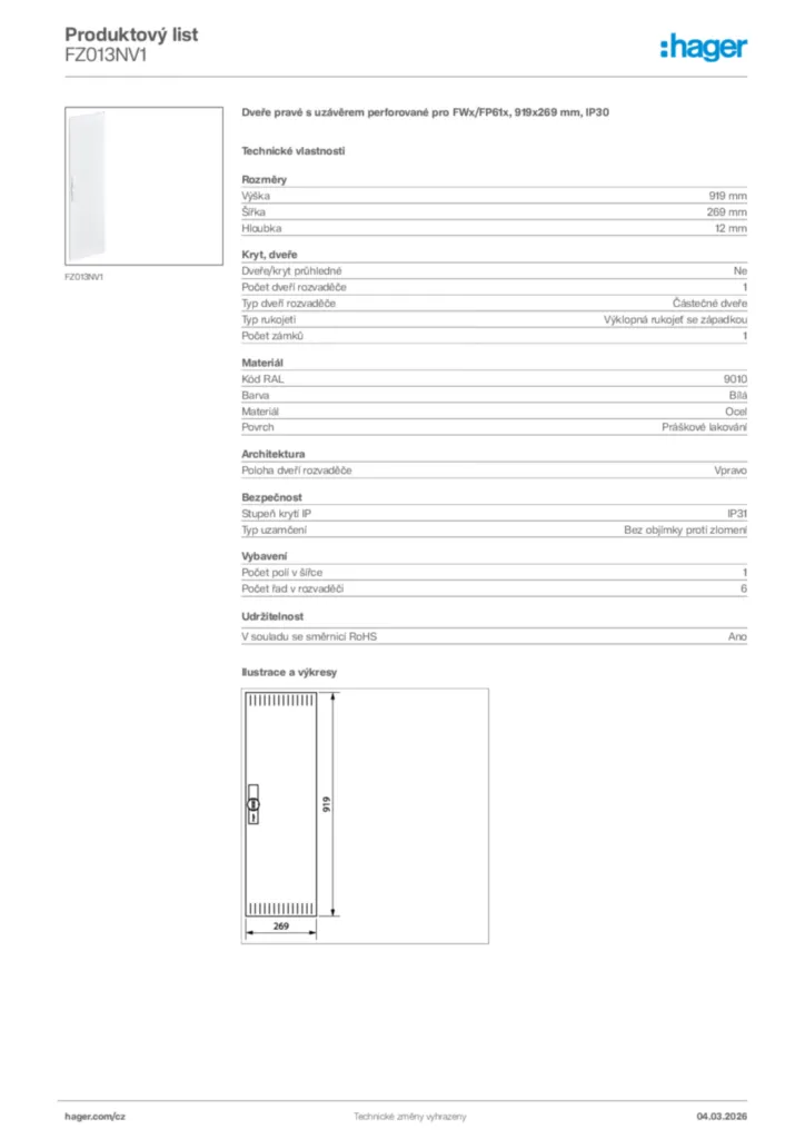 Obrázek Hager Product data sheet FZ013NV1 | Hager
