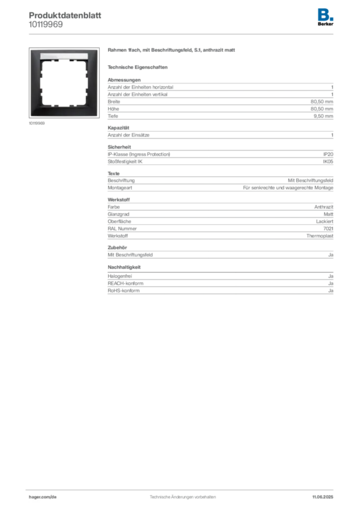 Bild Berker Produktdatenblatt 10119969 | Hager Deutschland