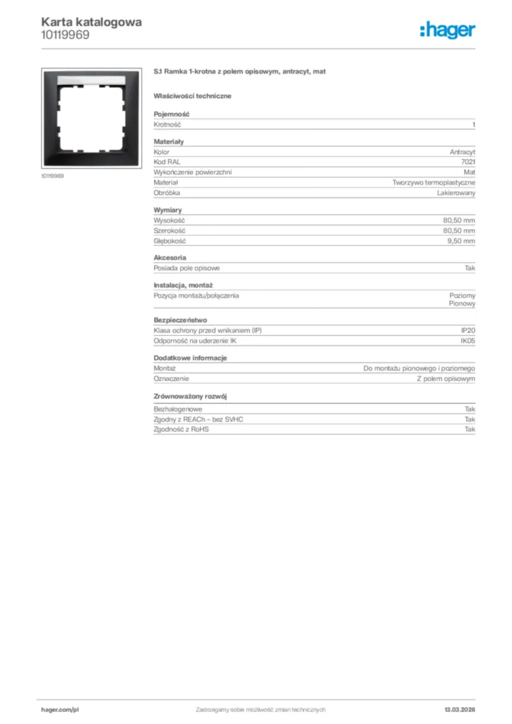 Zdjęcie Hager Karta katalogowa 10119969 | Hager Polska