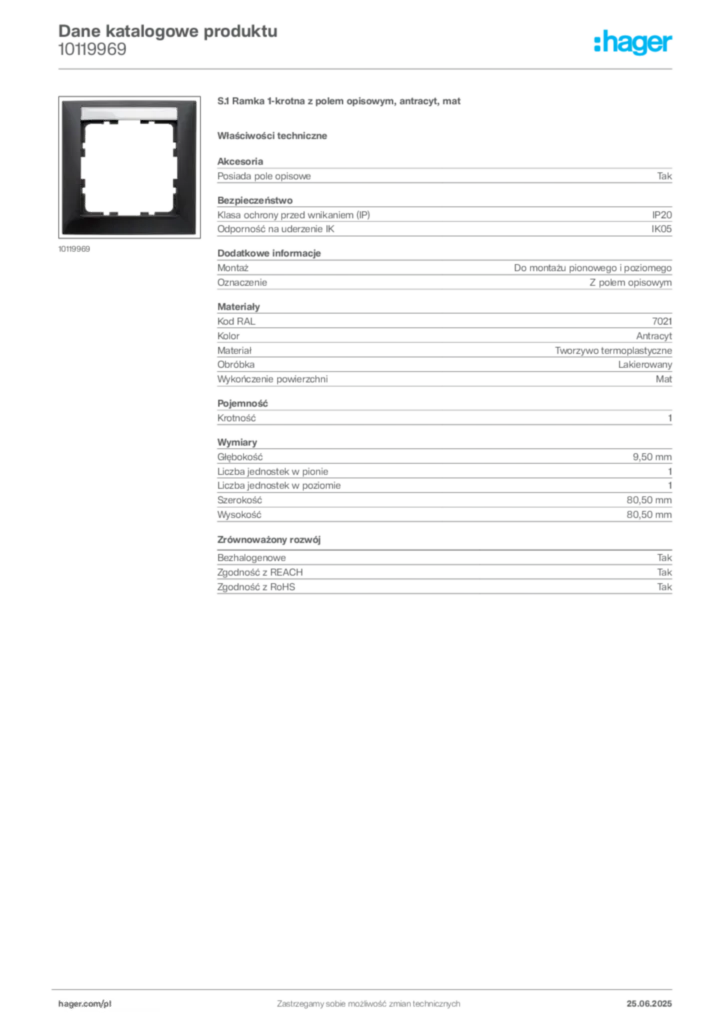 Zdjęcie Hager Karta katalogowa 10119969 | Hager Polska
