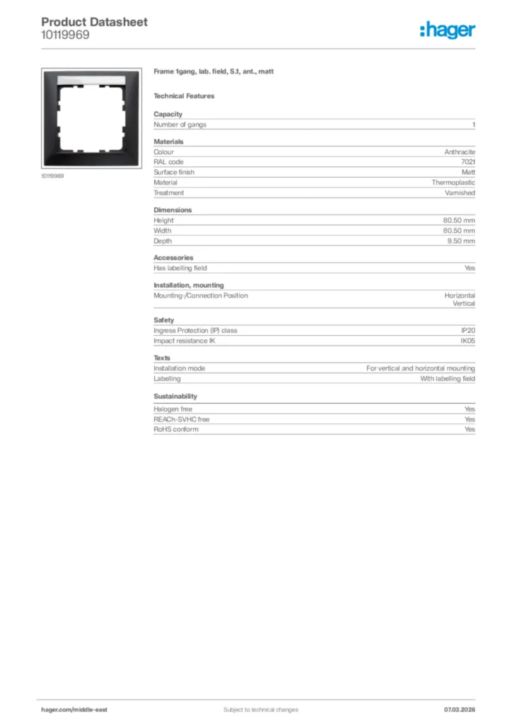 Image Hager Product data sheet 10119969  | Hager