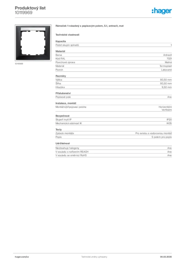 Obrázek Hager Product data sheet 10119969 | Hager