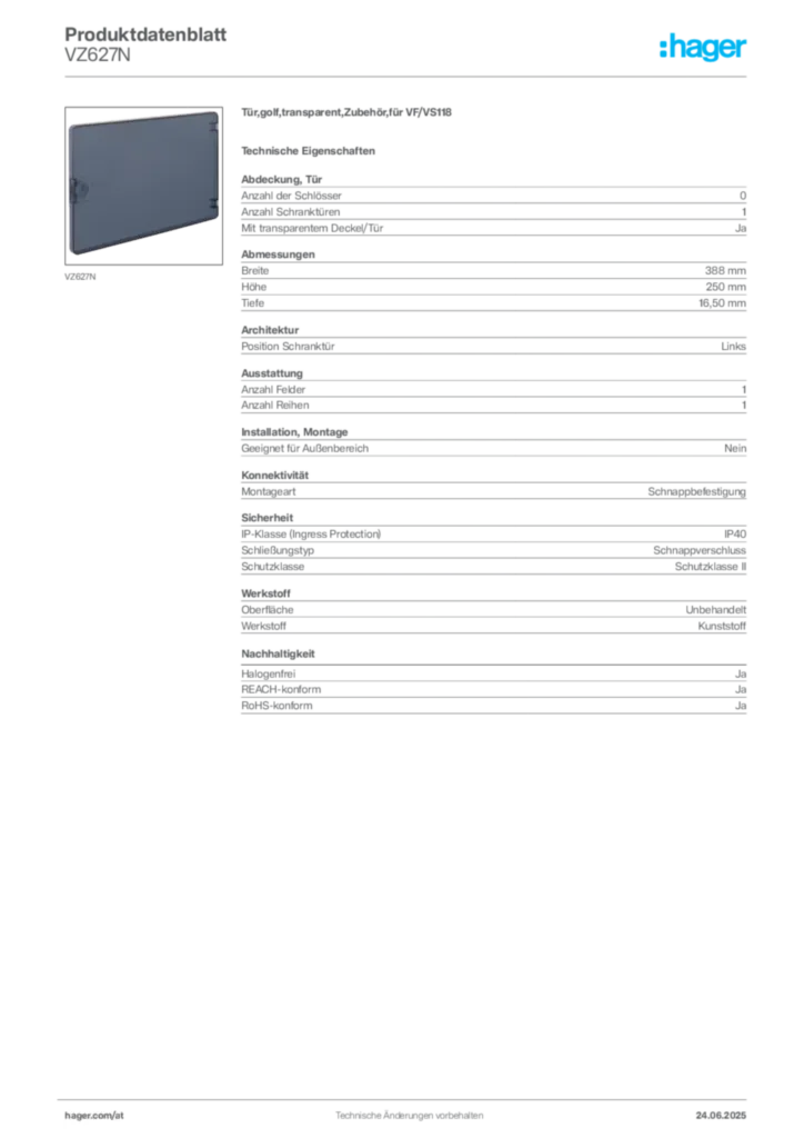 Bild Hager Produktdatenblatt VZ627N | Hager Deutschland