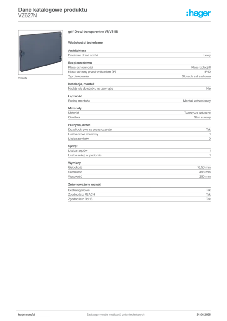 Zdjęcie Hager Karta katalogowa VZ627N | Hager Polska