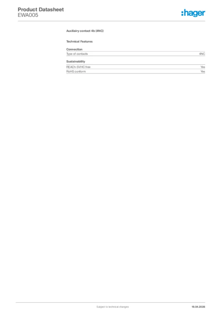 Image Hager Product data sheet EWA005  | Hager Africa