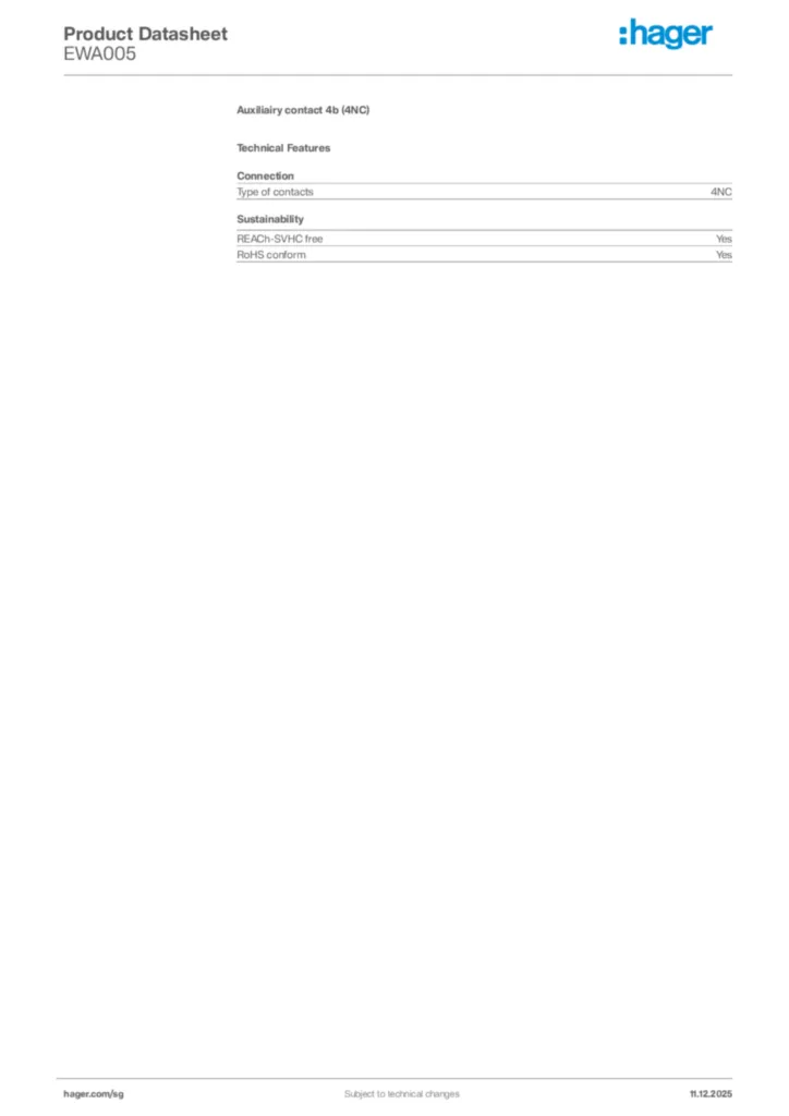 Image Hager Product data sheet EWA005  | Hager
