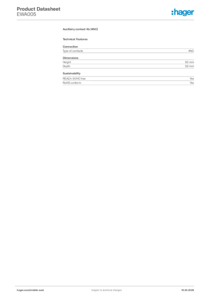 Image Hager Product data sheet EWA005  | Hager