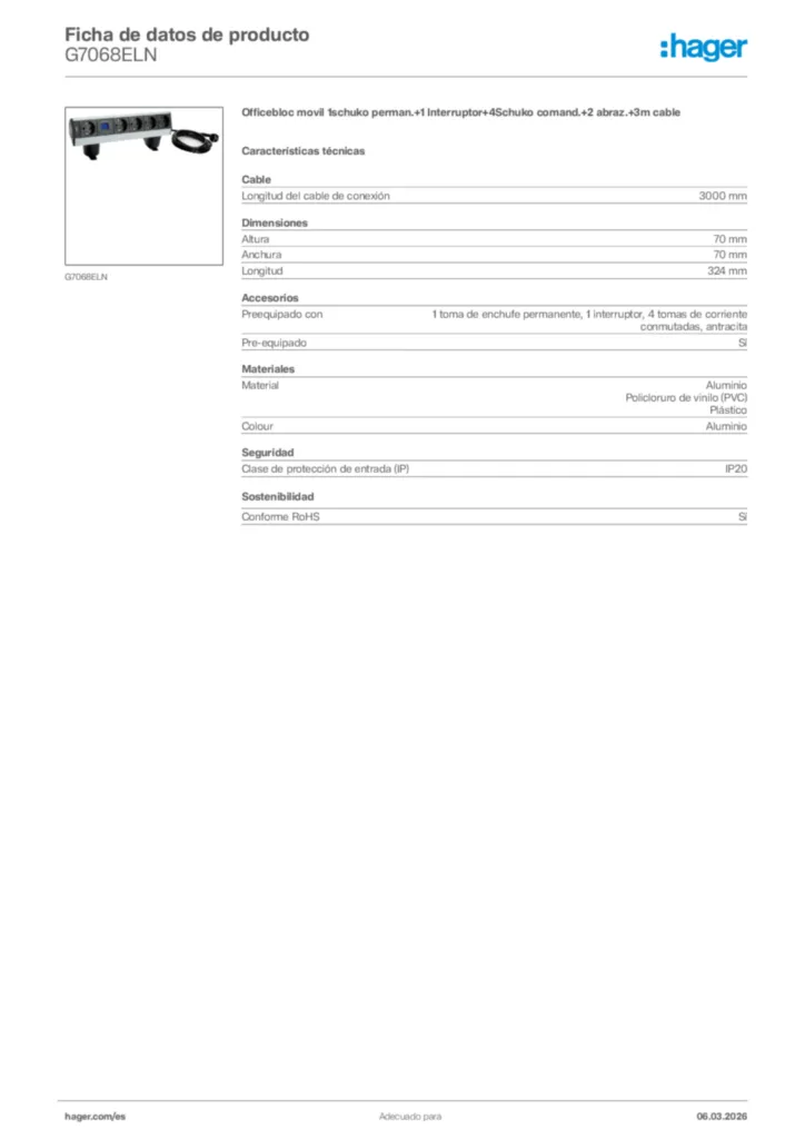 Imagen Hager Ficha de datos de producto G7068ELN | Hager España