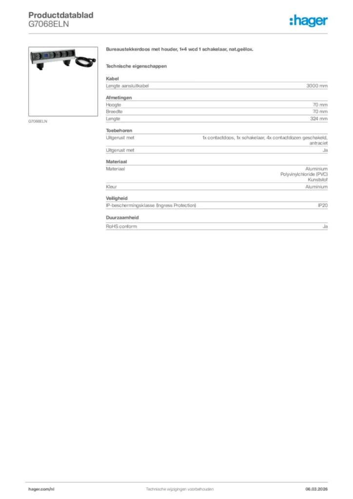 Afbeelding Hager Productdatablad G7068ELN | Hager Nederland