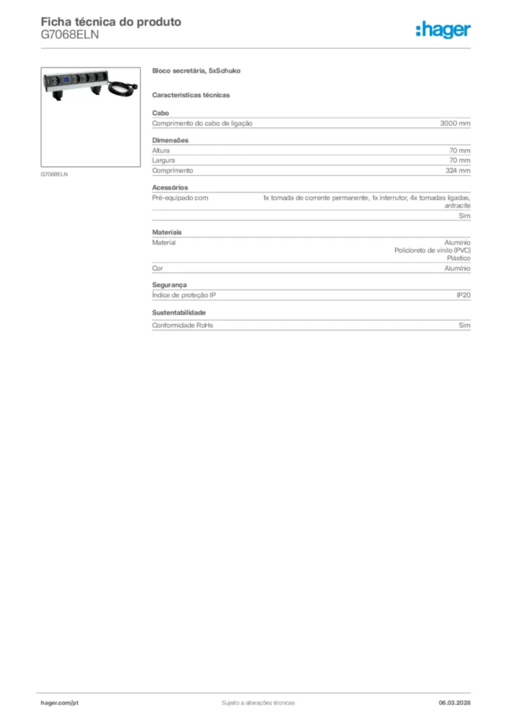 Imagem Hager Ficha técnica do produto G7068ELN | Hager Portugal
