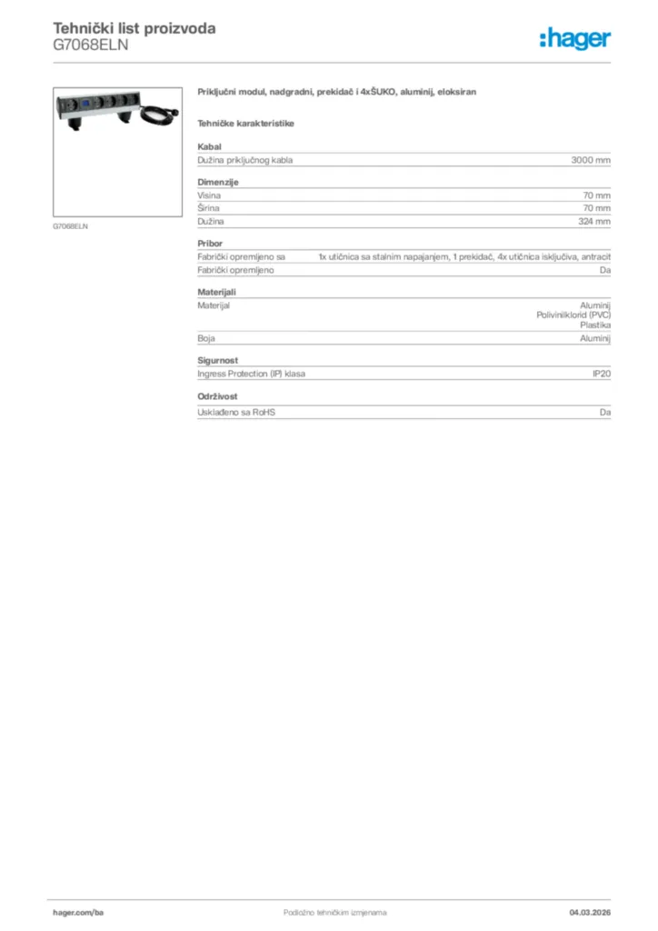 Slika Hager Tehnički list proizvoda G7068ELN  | Hager